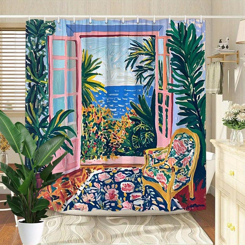 

Tropical Seaside Shower Curtain - Pink Flowers & Green Leaves, Polyester,70.8X70.8 Inches, Washable & Line Dry, French Door View W60H190(CM)-1 Pcs