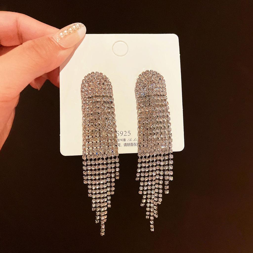 2 Curved Women's Pendant Earrings, Elegant Rhinestone Tassel Long Earrings, Gorgeous Jewelry, Date Gift-4019