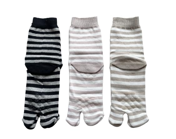 Tabi Socks with 3 Elastic Loose Cotton Outer Striped Set Women's Non-Slip Finish, Pairs, Cuffs, Fit, 100% Thread, Pattern, 3-Pair (Colors Available)