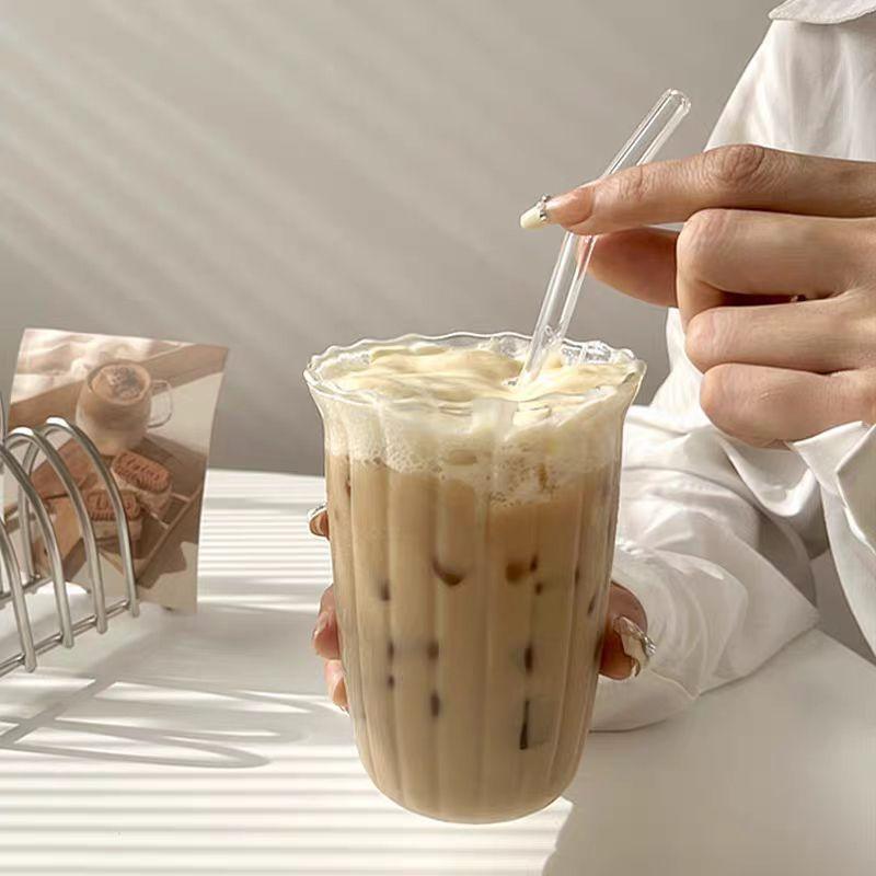 Coffee Shop Niche Retro Vertical Pattern Transparent Glass Water Cup Iced Latte Coffee Cup High Borosilicate Glass Single Layer Cup