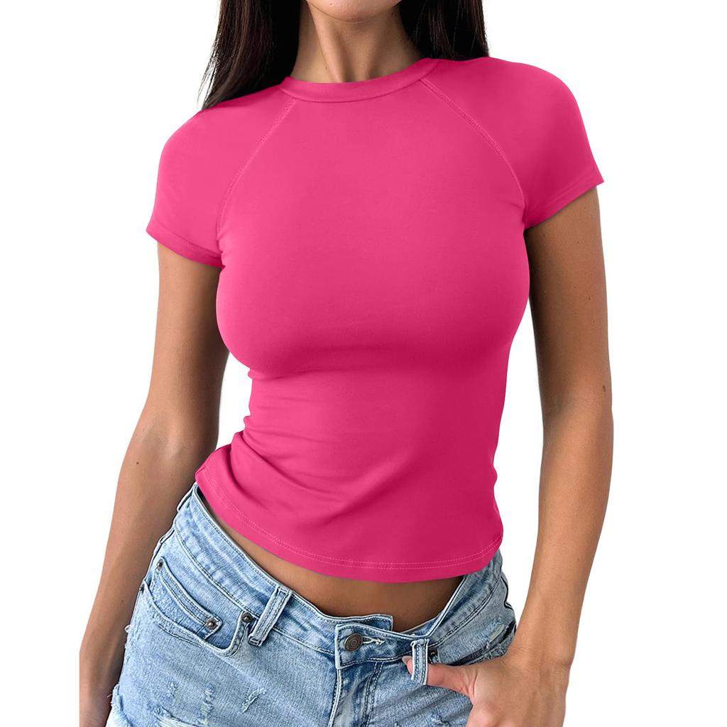 Women's Fashion Casual Slim Fit Raglan Short Sleeve Bottoming Shirt Outerwear Top