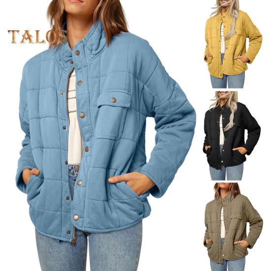 Lady Winter Coat Stand Collar Neck Protection Padded Thick Solid Color Long Sleeves Chest Pocket Button-down Cardigan Daily Commute Travel Jacket