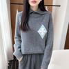 Women's Diamond Jacquard Wool Lapel Sweater - Thick, Warm, Long Sleeve Knitwear for Autumn/Winter