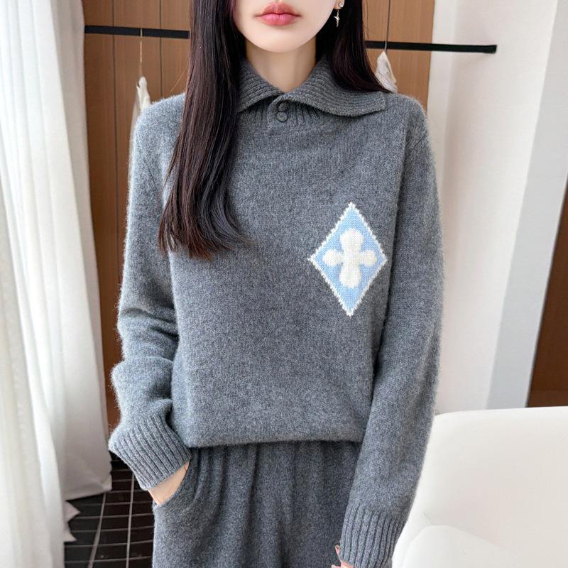 Women's Diamond Jacquard Wool Lapel Sweater - Thick, Warm, Long Sleeve Knitwear for Autumn/Winter