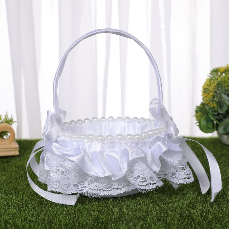 White Flower Girls Basket Pearl Lace Simple Wedding Basket for Flower Bride/kids Hand Held Wedding Ceremony Party Decorations