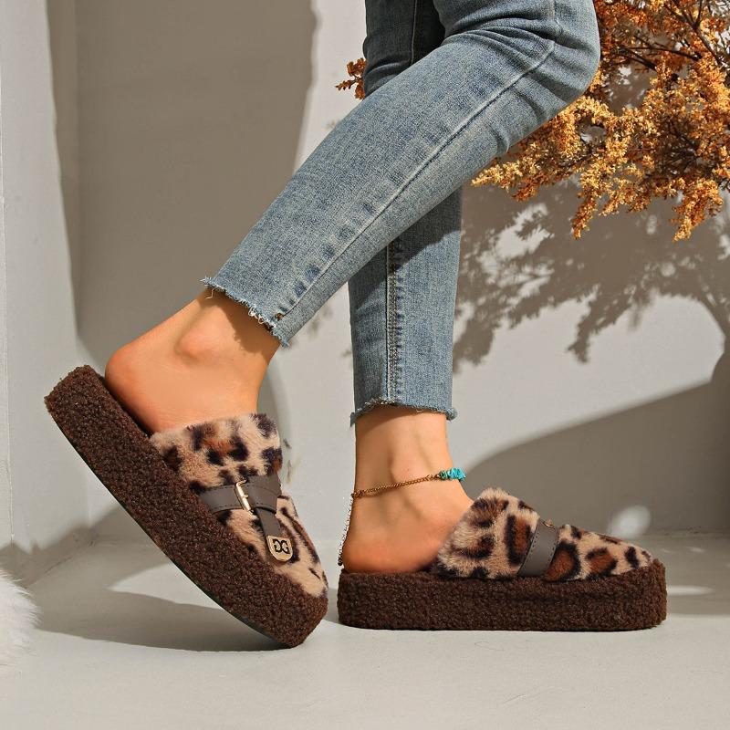 Autumn thick-soled cotton slippers fluffy slippers women's autumn and winter new feeling leopard print outer wear plush bag head slippers