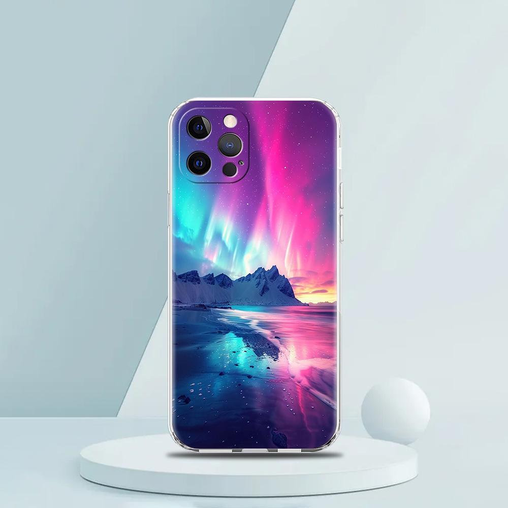For iPhone 15 16 14 13 12 Mini 11 Pro Max XS X XR SE 7 8 Plus Silicone Clear Cover Beautiful Northern Lights Luxury Phone Case