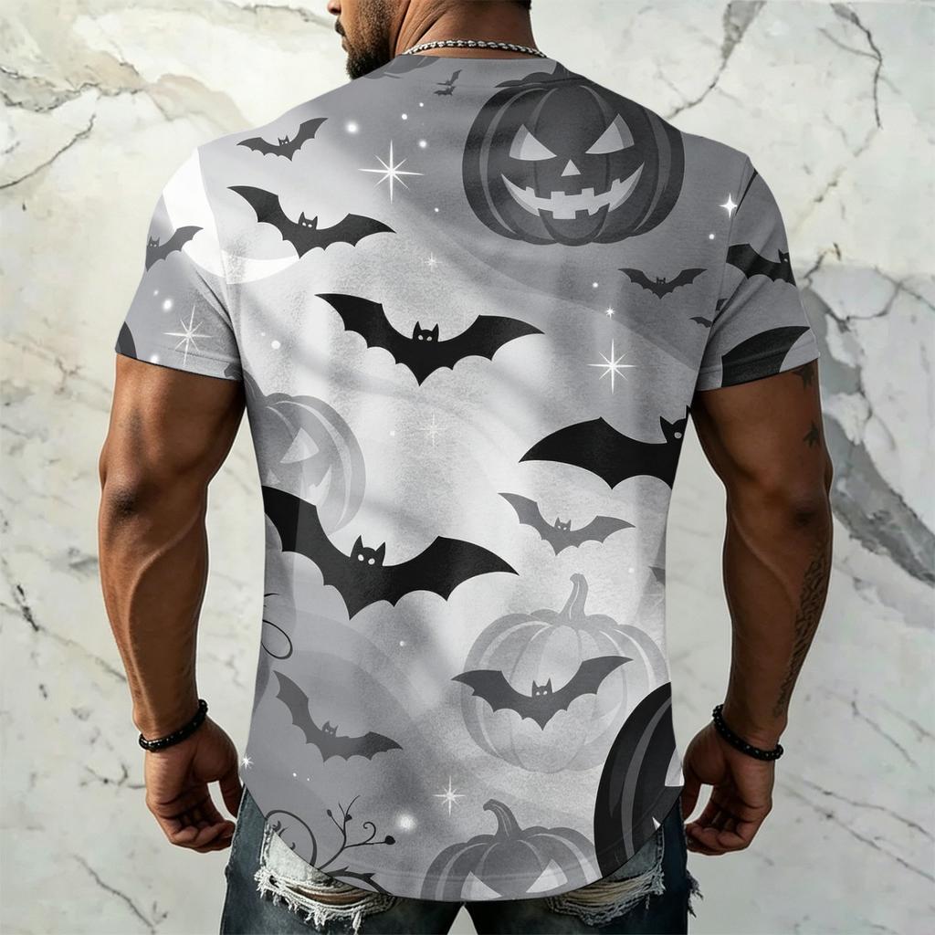 Men's Halloween Vintage Short Sleeve T Shirt Loose Breathable Summer Sports Street Casual Everyday Top with Pumpkin and Bat Print