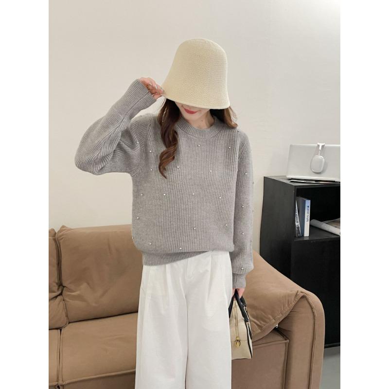 New Autumn and Winter Water Drop Sleeve Pearl Knitted Sweater Women's Soft Waxy Elastic Unbound Reiki Crew Neck Sweater Women's