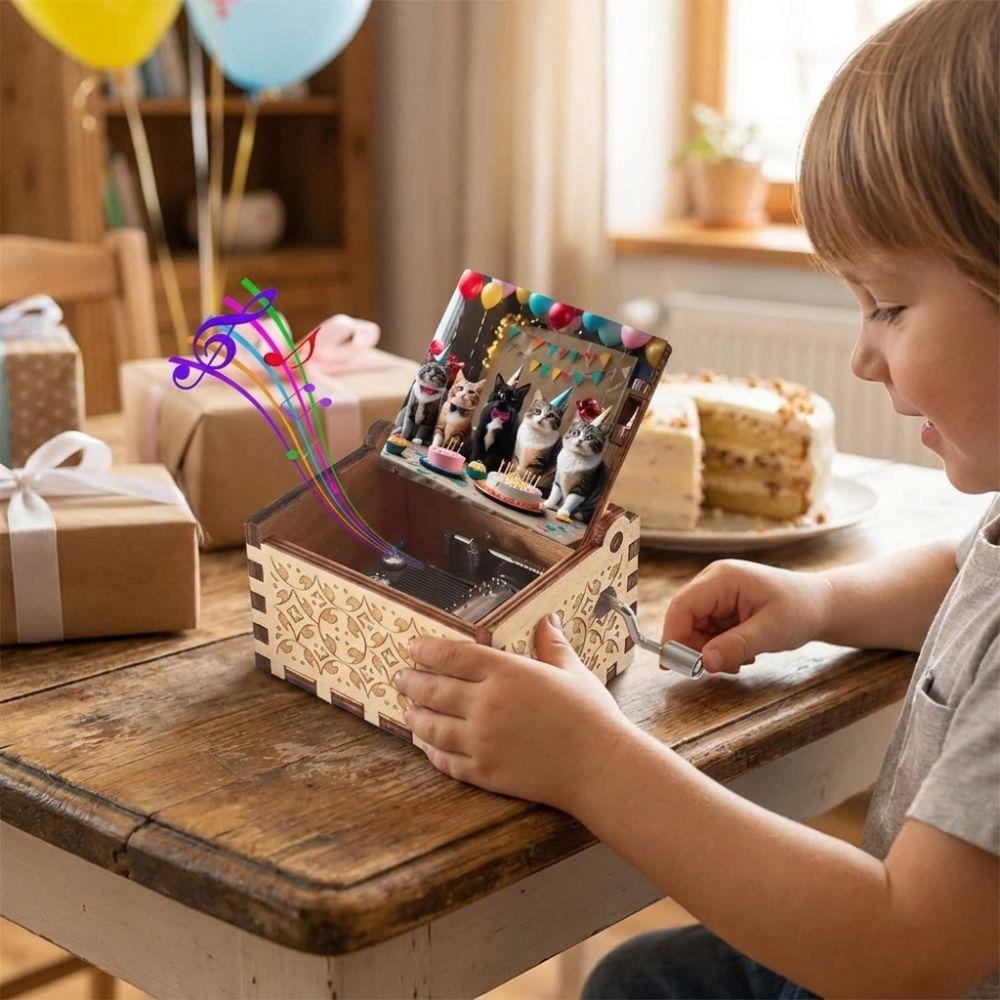Cartoon Cat Pattern Hand Crank Music Box Retro Mechanical Music Box Birthday Gifts