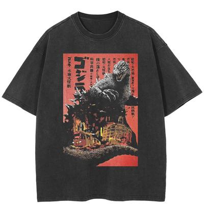 Streetwear Japanese Godzilla Graphic T-Shirt Cotton Washed Black Tshirt Unisex Tops Tees Summer Short Sleeves T Shirt