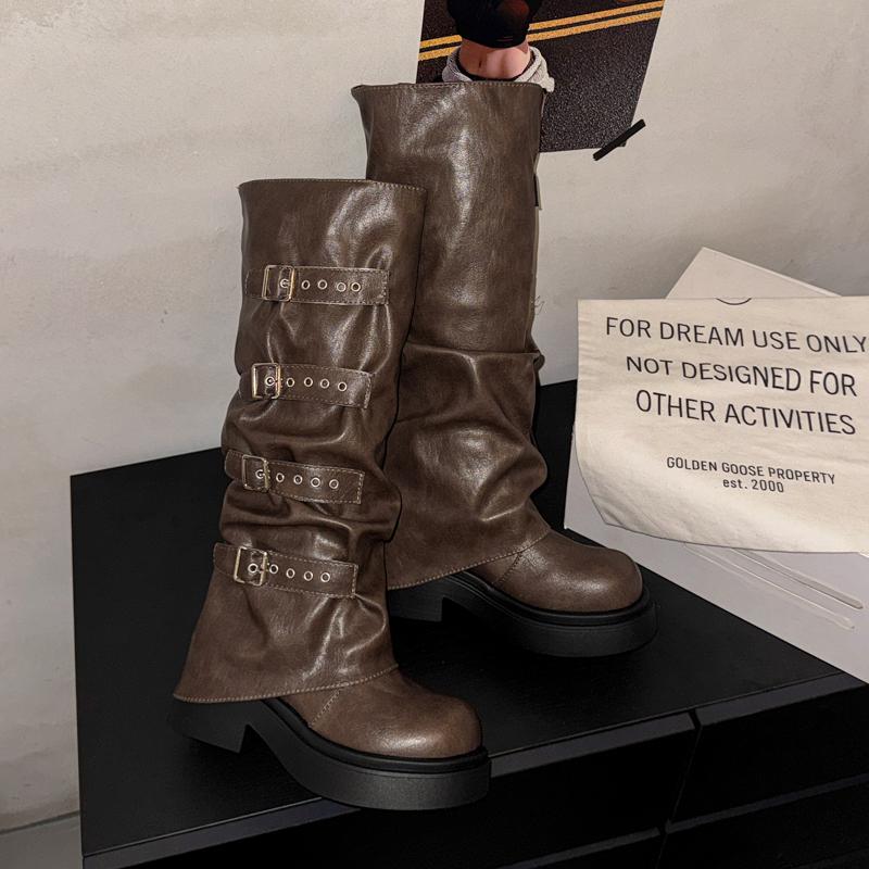 

Зимний Панк Стиль Пряжка Ремня Женские Трубы Высокие Сапоги Мода Платформа Каблуки Обувь Женские Лаконичные Увеличение Роста Длинные Ботильоны 35