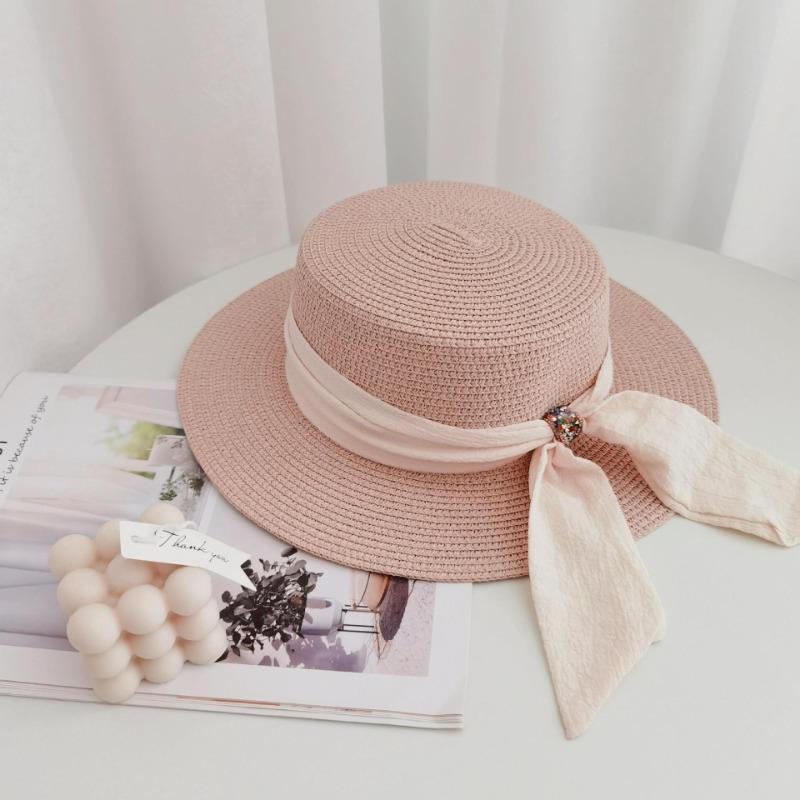 

Wide brim top hat Flat top straw hat Women s summer travel fashion bow sunshade sunscreen hat Casual beach sun hat