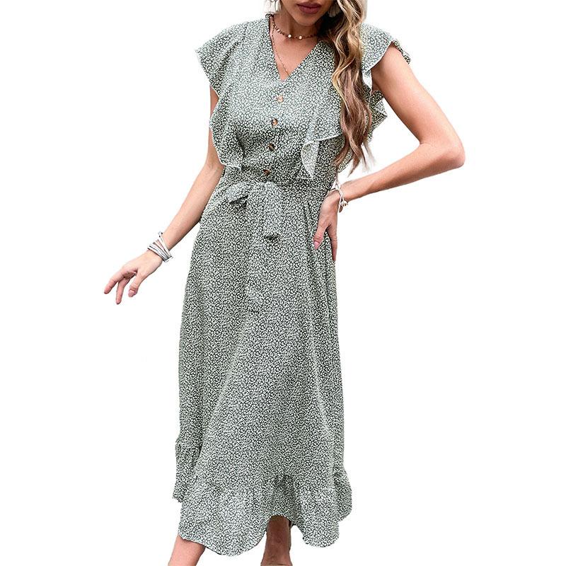 New summer print slim dress green retro dress