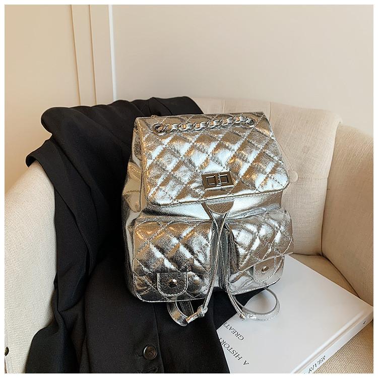 IELGY Women's Temperament Rhombus Backpack, Silver Chain Backpack
