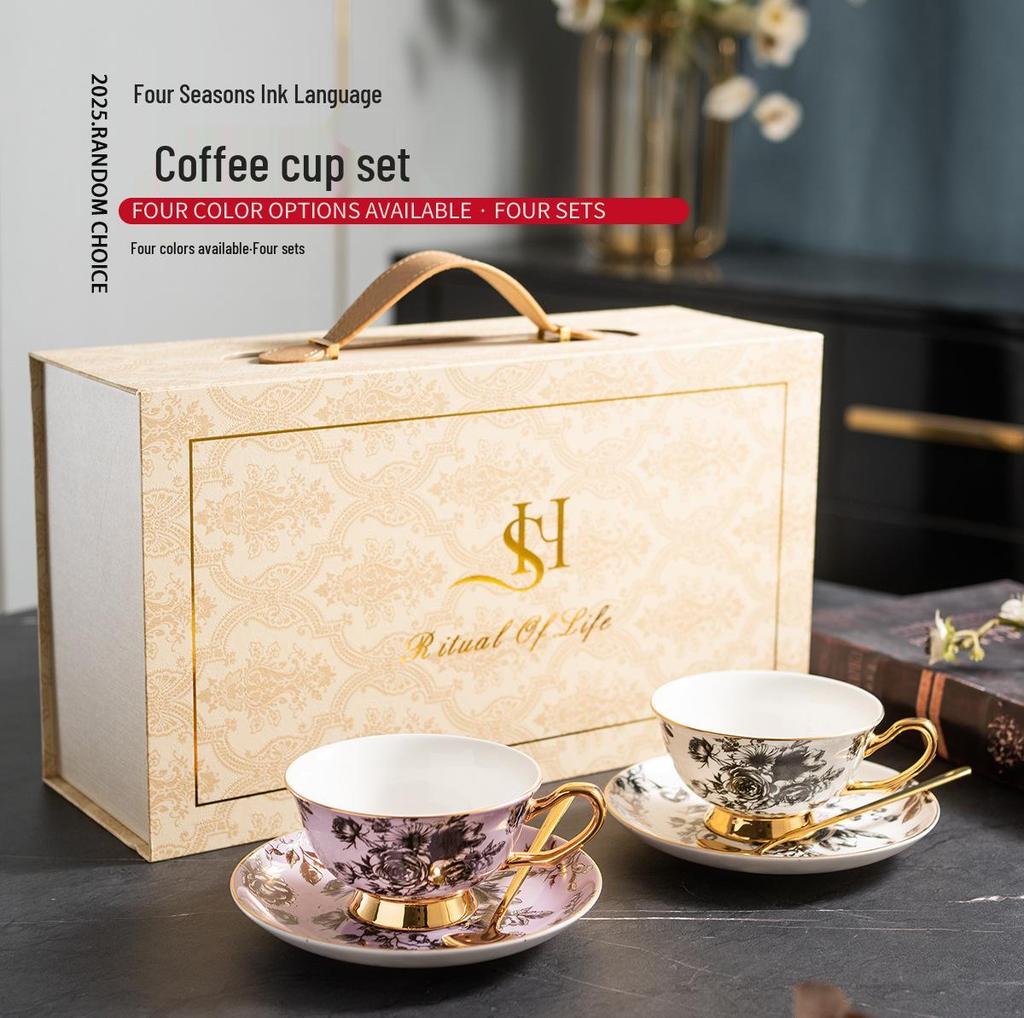 European Luxury Gold-Rim Bone China Coffee Cup - Four Seasons Ink Design