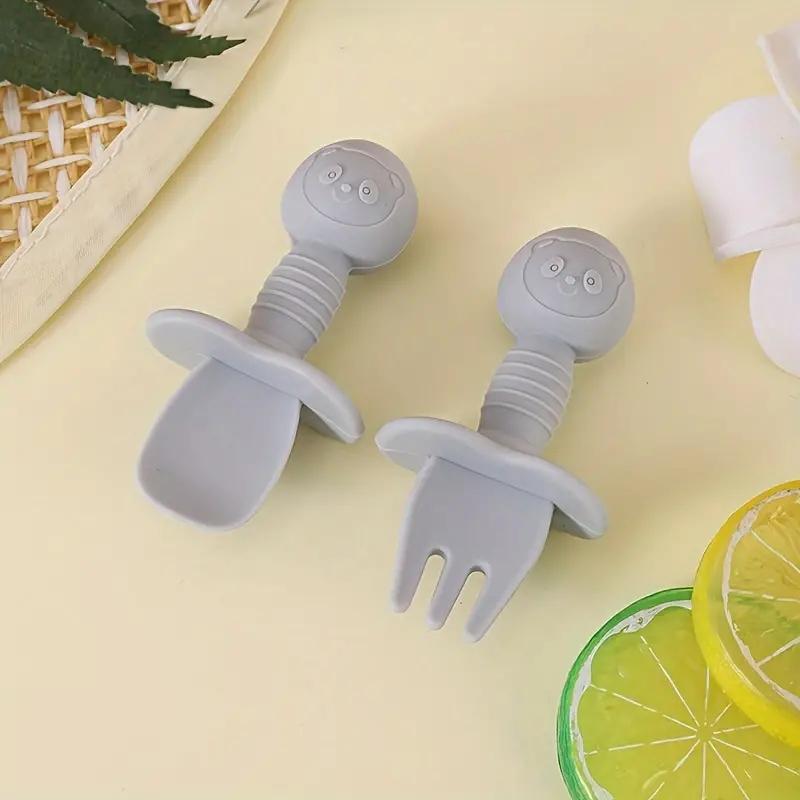 

2 шт./набор, Мягкая силиконовая ложка с изображением головы панды из мультфильма для пищевых продуктов, вилка, обучающая посуда, аксессуары для кормления, Great Chris синий