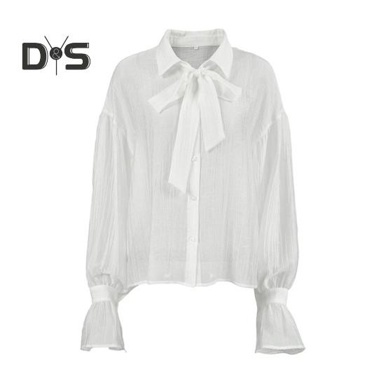 

Женская рубашка с лацканами и воротником-бабочкой, расклешенная, с длинным рукавом, однобортная рубашка, прозрачная, однотонная, свободного кроя, женская повседневная рубашка S белый