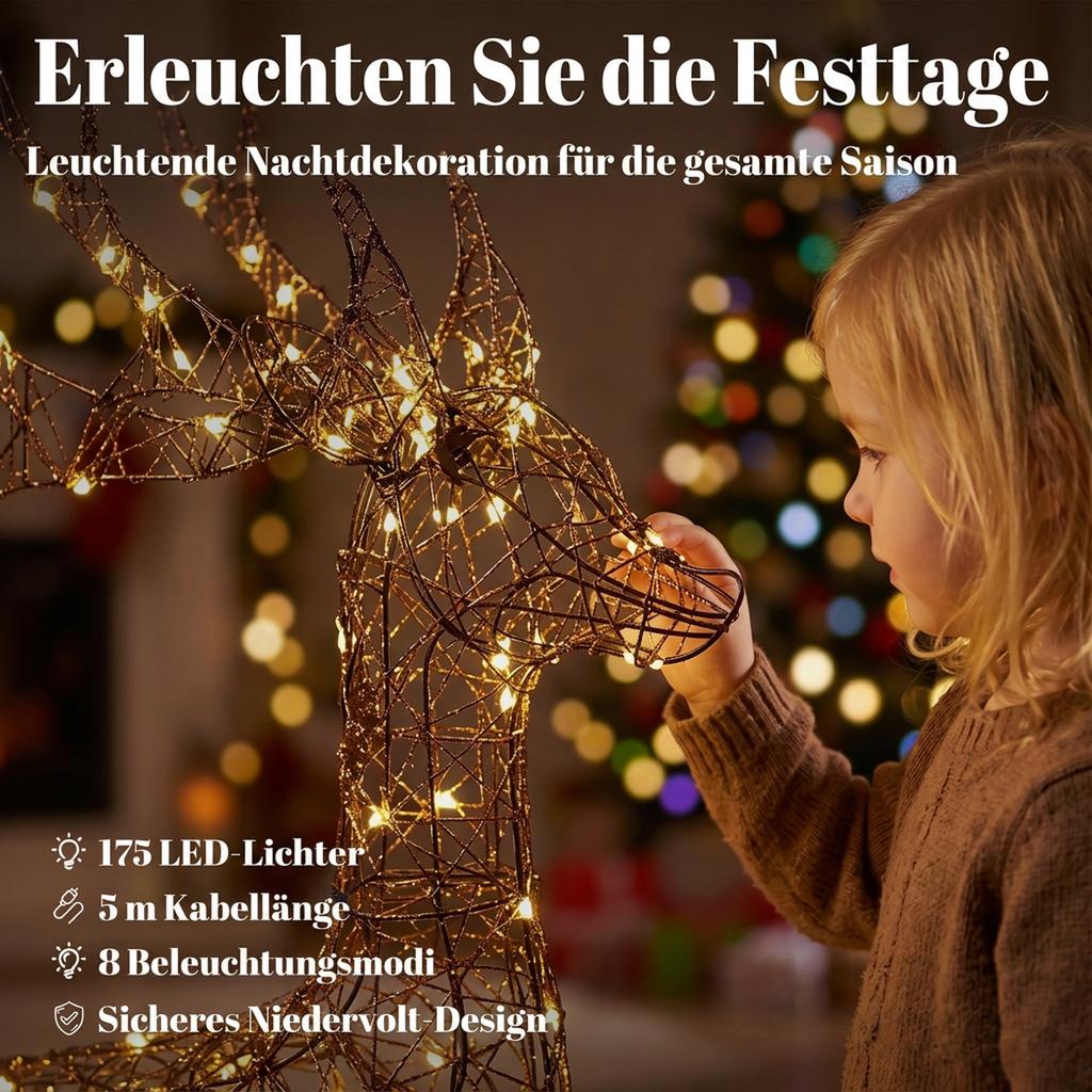 Illuminated Reindeer and Sleigh Set, 2-Piece Outdoor Christmas Decoration Made of Poly Rattan, with LEDs, 8 Modes, Timer