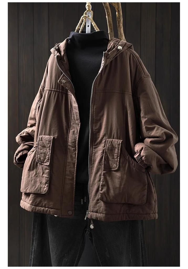 Women's Retro Casual Quilted Cotton Jacket with Hood, Large Pockets, Lightweight, Loose Fit, Plus Size, Winter Warm Outerwear.