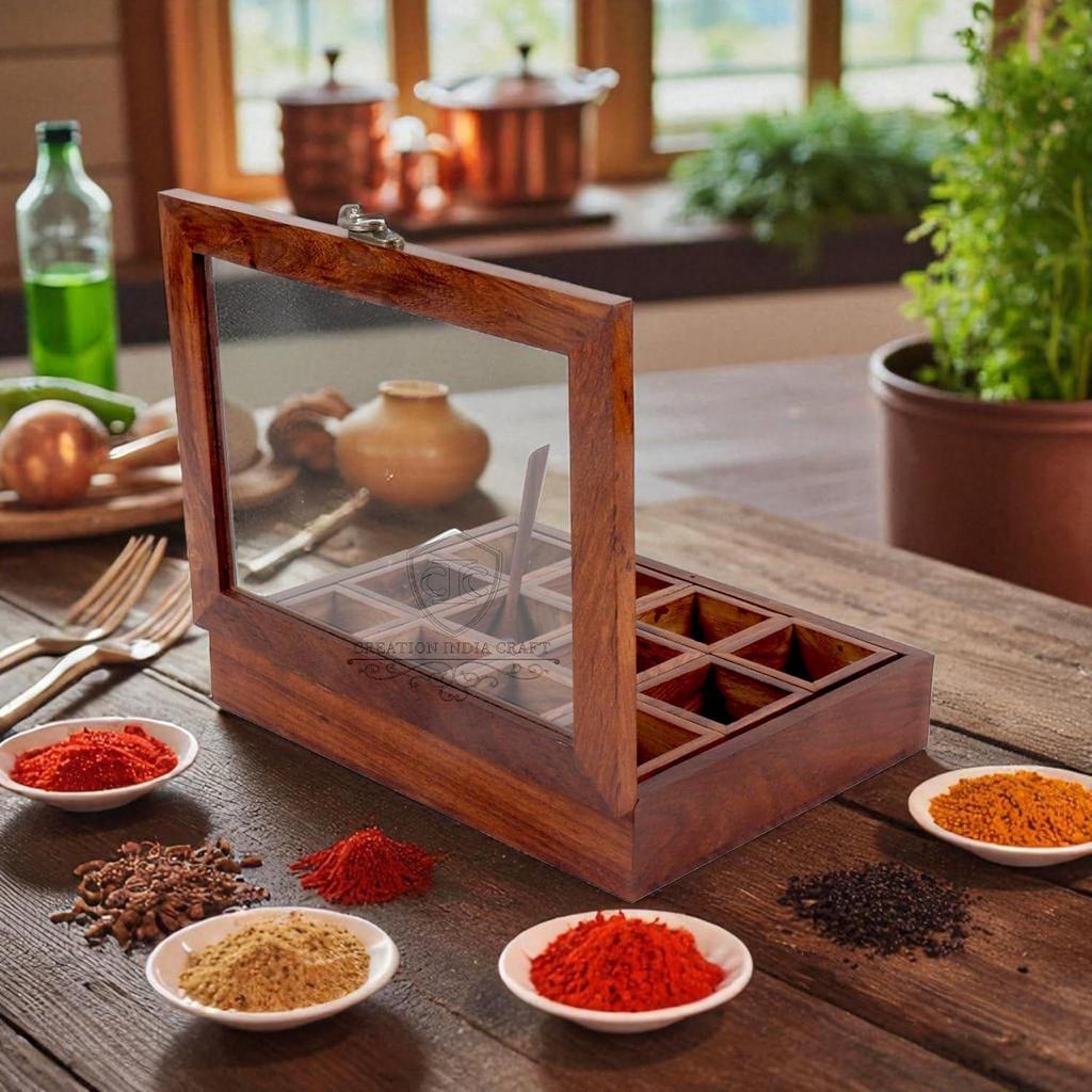 Wooden Spice Box Set for Kitchen Large Containers Spice Jars & Spoon In Sheesham Wood Masala Dabba