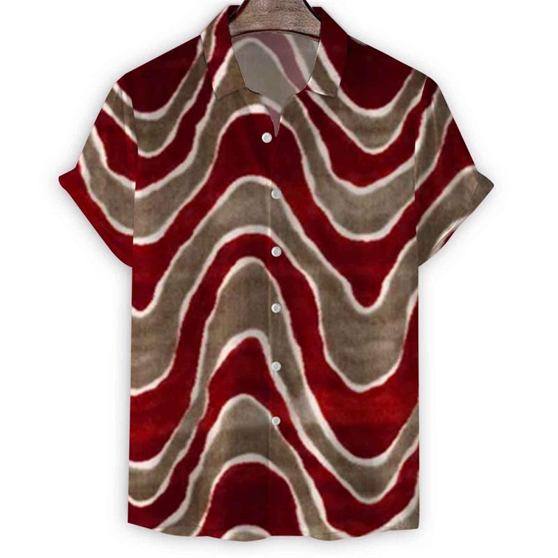 Geometric 3d Print Stripes Hawaiian Shirt for Men Summer Lapel Button Shirts Tops Street Short Sleeve Tees