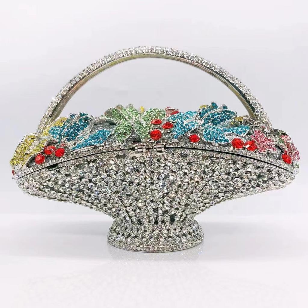 WHTUOHENG Crystal Flower Basket Clutch Bag Rhinestone Evening Party Minaudiere Luxury Diamond Prom Bag for Women Dinner Banquet