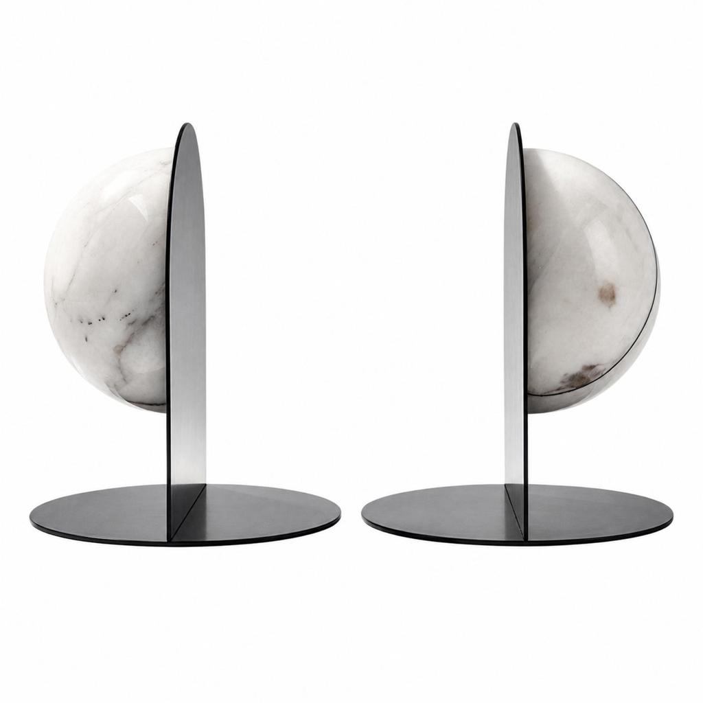 Round Bookends with Marble Sphere Modern Bookend Set Heavy Duty for Reading Nook