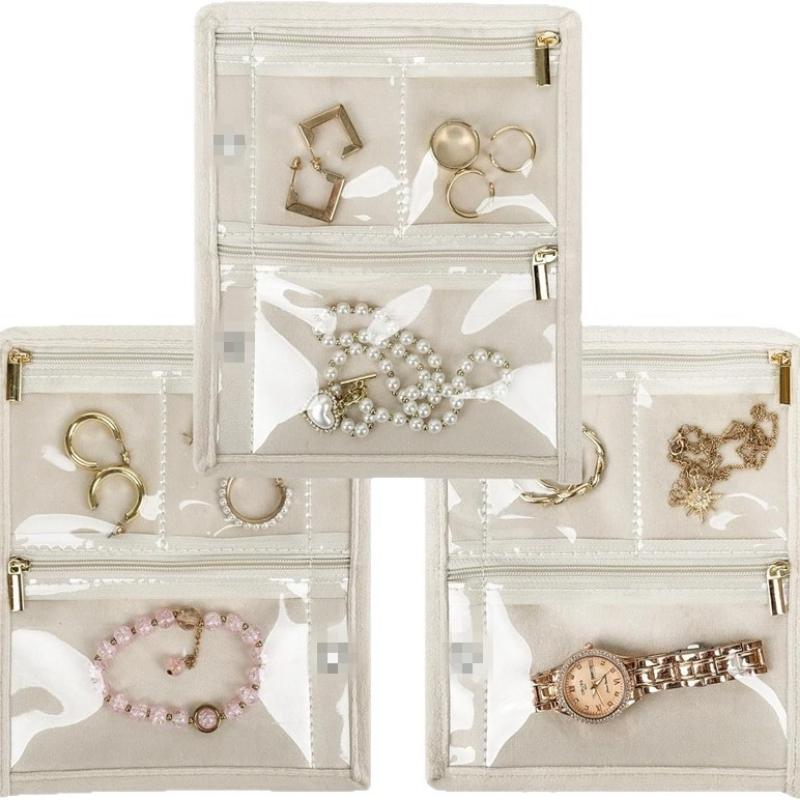 Travel Jewelry Organizer Bag Transparent Zippered Velvet Pouch Earring Ring Necklace Storage Case with Detachable Pages