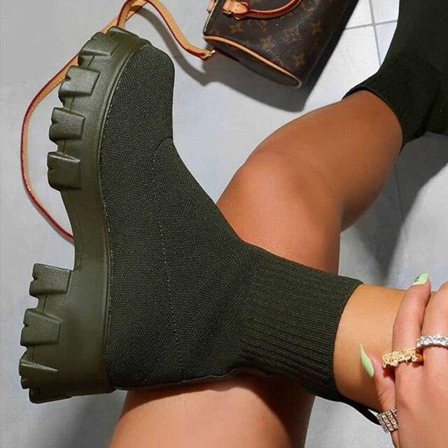 Dámské kozačky Podzimní Zimní kozačky Nazouvací Ponožkové boty Dámské Platformové kozačky na podpatku Pletené Kotníkové kozačky Dámské