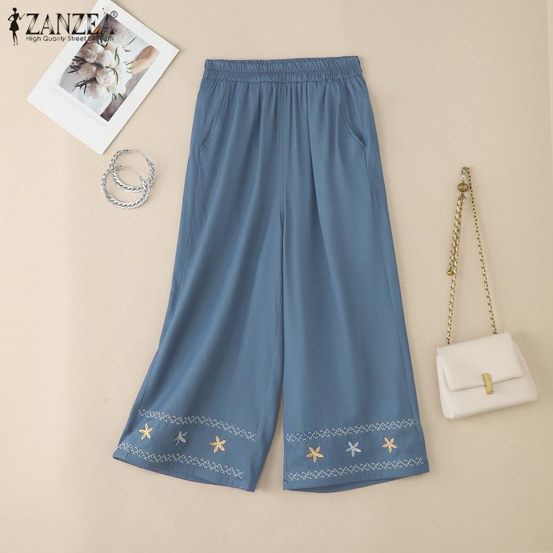 ZANZEA Women Casual Elastic Waist Loose Embroidery Print Cropped Pants