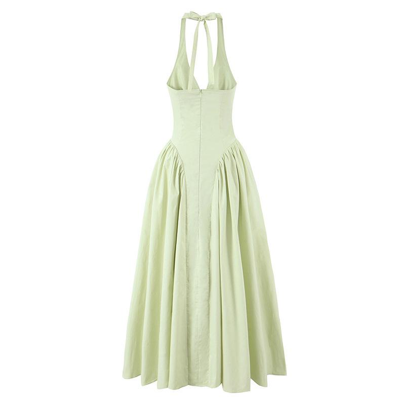 New Deep V-Neck Halter Pleated Waist-Cinching Slim Dress