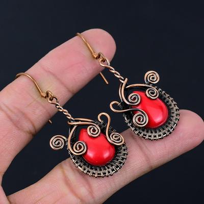 Amazing Red Coral Gemstone Handmade Pure Copper Wire Wrapped Earrings Jewelry