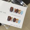 Brown and blue leopard print contrasting color pure hand-worn nail retro two-color gradual change whitening cat eye manicure patch fake nail