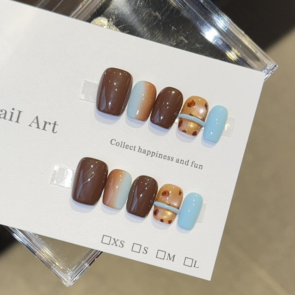 Brown and blue leopard print contrasting color pure hand-worn nail retro two-color gradual change whitening cat eye manicure patch fake nail