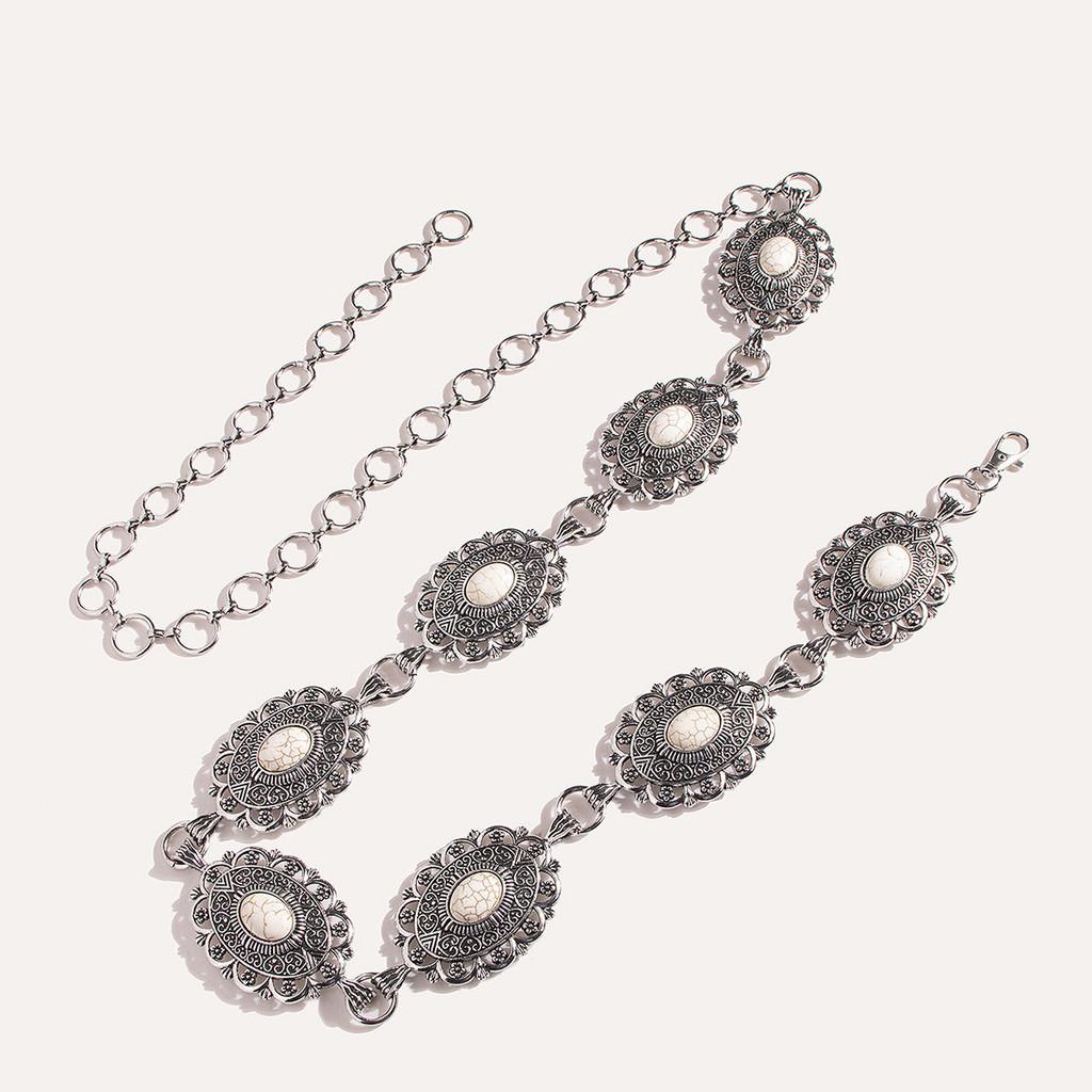 Artistic Metal Womens Waist Chain With Carved Simulated White Turquoise And Vintage Motifs For Fashion Enthusiasts