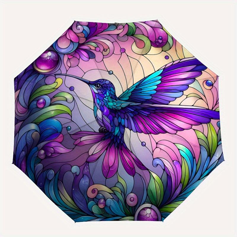 1pc Stunning Stained Glass Hummingbird Design Pattern Automatic Umbrella is Fashionable and Good-Looking, Suitable for Travel and Daily Use.R074