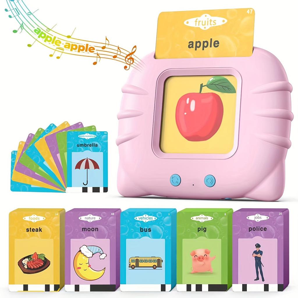 Montessori Play School: Interactive talking card toy for ages 0-3 with 224 bilingual visual word cards and sensory learning materials.