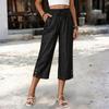 Women Drawstring Waist Loose Fit Cropped Pants with Pockets and Button Detail Casual Straight Leg Trousers