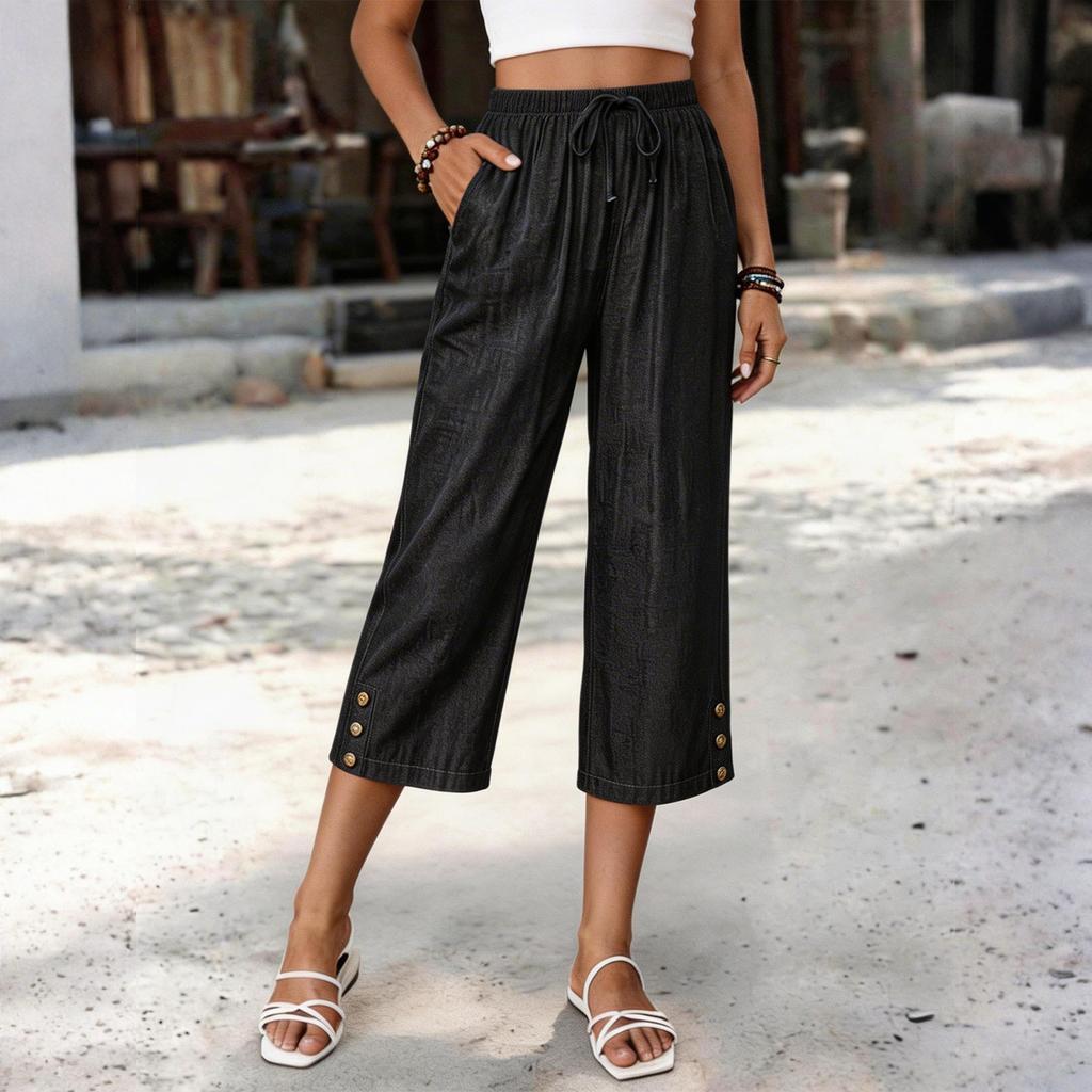 Women Drawstring Waist Loose Fit Cropped Pants with Pockets and Button Detail Casual Straight Leg Trousers