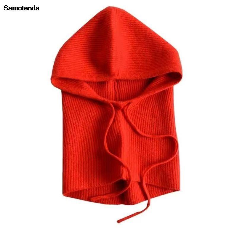 2025 Unisex Knitted Head Hood Faux Cashmere Hooded Neck Collar Cap Head Drawstring Thick Beanie Men Women Adjustable Elastic Hat