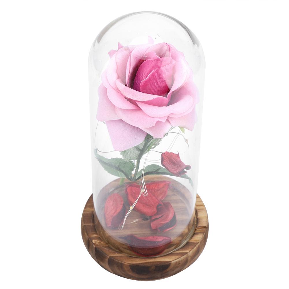 Preserved   Flower LED Light with Glass Cover & Wooden Base Valentines Day Wedding Gift Red
