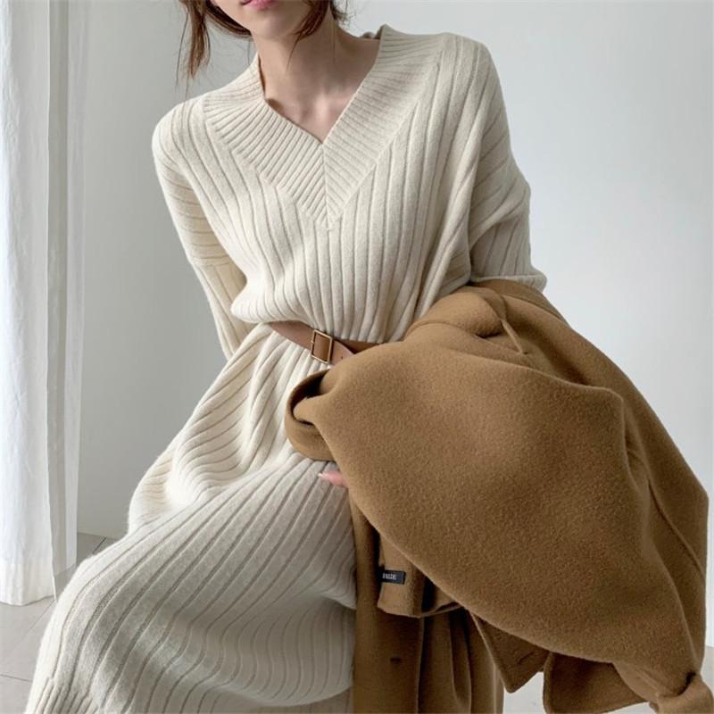 Korean Women's Winter Clothes Beige Knit Knitwear To Knee Long Dress Office Lady Pullovers Sweater Dresses For Women