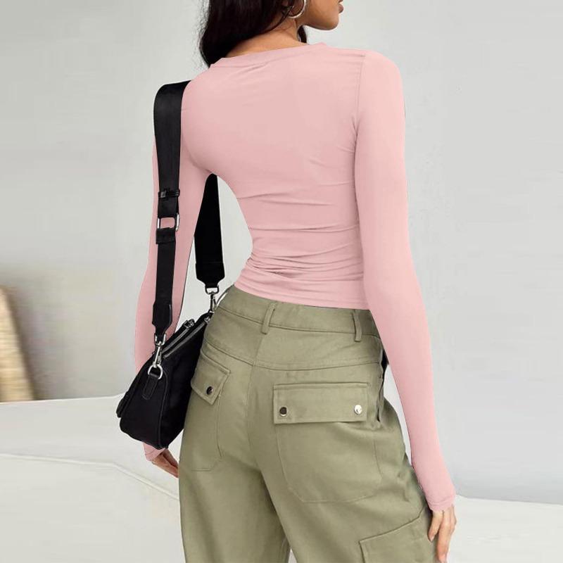 Mode Langarm Slim Fit Damen Bluse O Hals Lässig Elegant Schlicht Büro Damen Kurzes Hemd Streetwear Kurze Tops Einfarbig Damenbekleidung