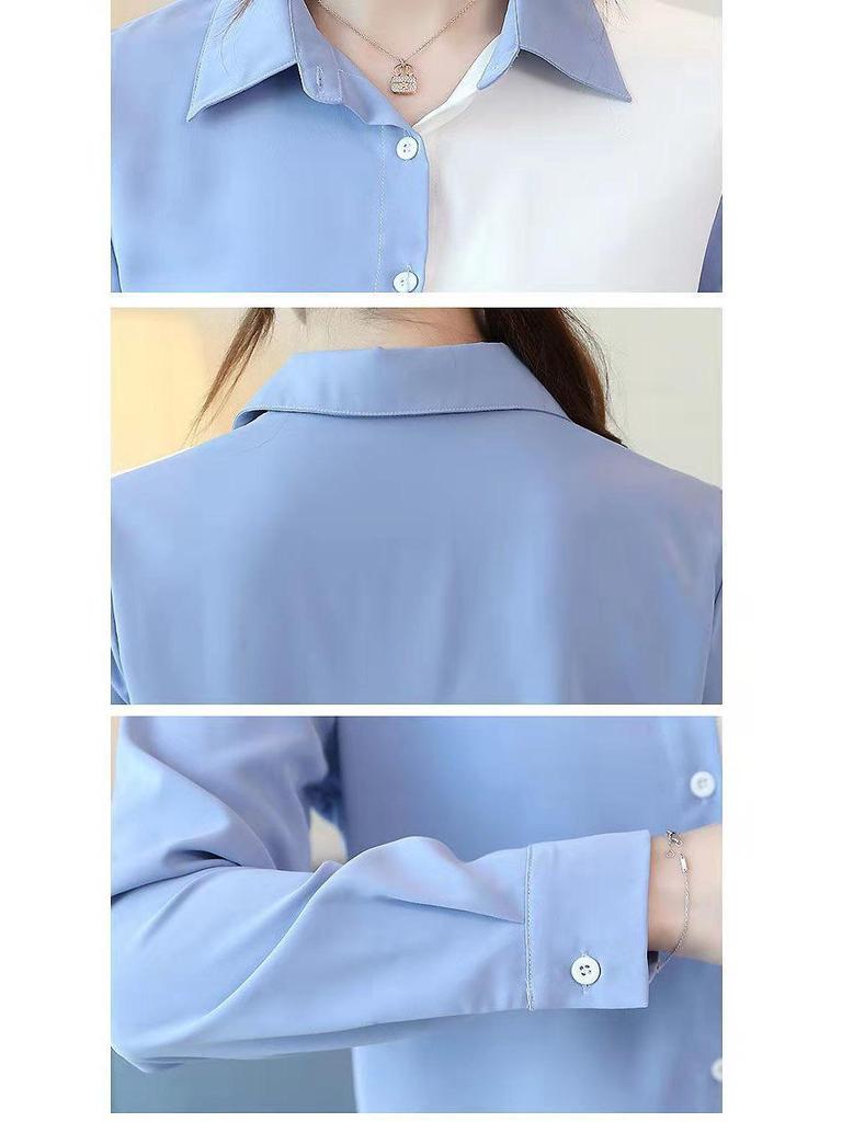 Women's Color Block Long Sleeve Chiffon Blouse - Korean Style, Spring/Autumn Versatile Loose Top