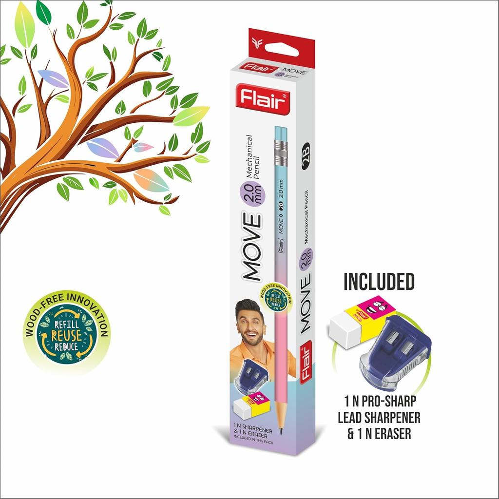 Flair Move 2.0mm Mechanical Pencil Pack of 2 Extra Dark 2B Refillable Pencils with Sharpeners Erasers School Office 118 chars