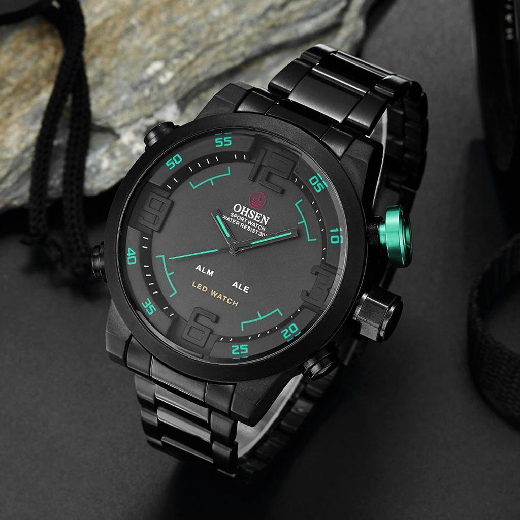 Men's Watch Analog Digital Display 3ATM Waterproof Stainless Steel LED Calendar Quartz Casual Business Fashion Accessory Black