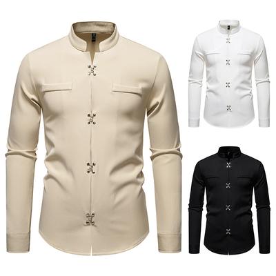 Men's Casual Solid-color Long-sleeved Shirt, Men's Slanted Front Button-down Stand-up Collar Shirt