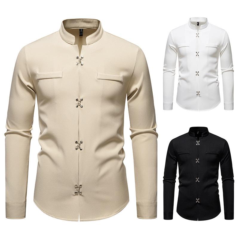 Men's Casual Solid-color Long-sleeved Shirt, Men's Slanted Front Button-down Stand-up Collar Shirt