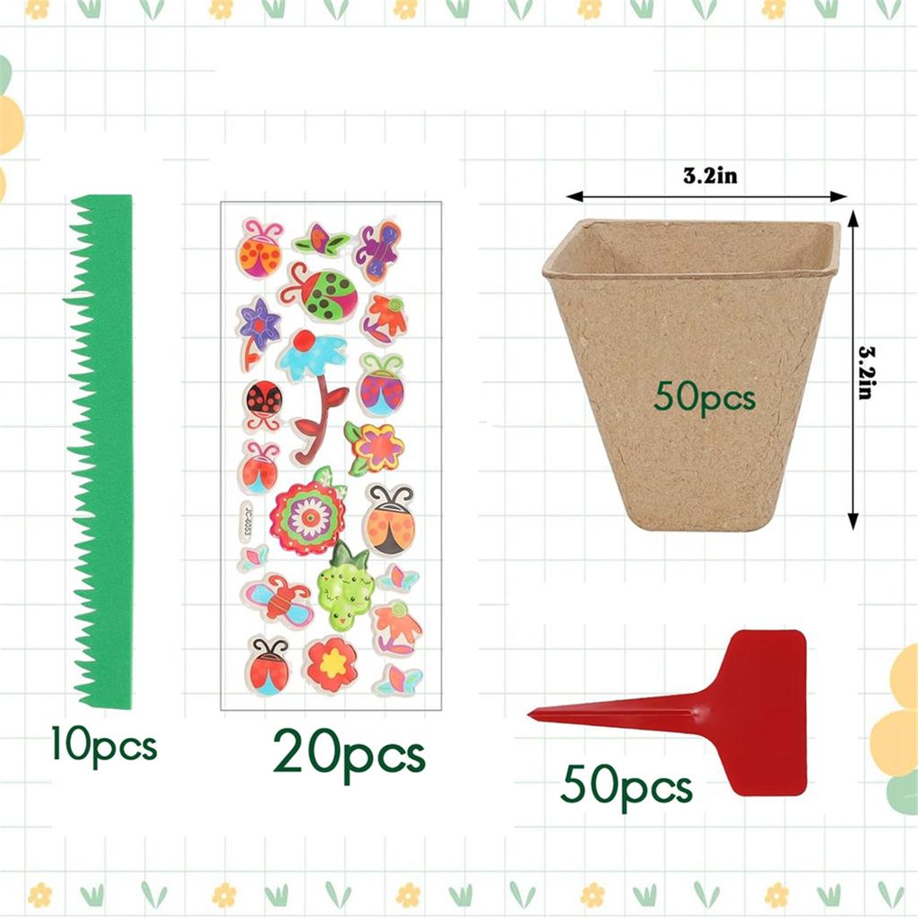 2025+ 50 Set Garden Paper Pot Craft Kit,50Pcs Paper Mache Pots Peat Plant Pots with 20set Foam Stickers & 50Pcs Pots Labels